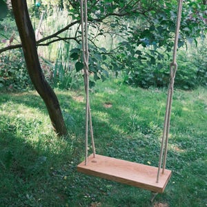 May include: A wooden swing hangs from ropes tied to a tree branch. The swing seat is a rectangular plank of light-coloured wood. The background features lush green grass and foliage, creating a natural, outdoor setting.