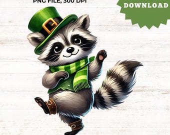 Dancing Raccoon PNG – St. Patrick’s Day Clipart – Cute Irish-Themed Animal – Instant Digital Download for Sublimation & Crafts