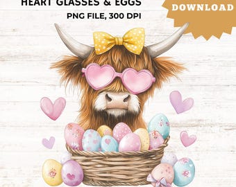 Easter Highland Cow PNG – Love-Struck Cow with Heart Glasses & Eggs – Cute Spring Digital Clipart