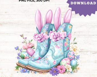 Floral Cowboy Boots PNG – Easter Bunny Ears Clipart – Pastel Spring Digital Art