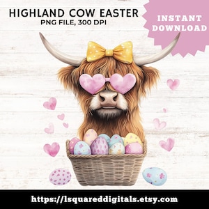 Vache Highland Pâques PNG – Clipart printanier mignon avec des lunettes de coeur et des œufs – Art numérique de vache pour les artisans