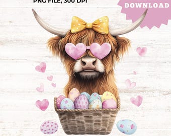 Highland Cow Easter PNG – Cute Spring Clipart with Heart Glasses & Eggs – Digital Cow Art for Crafters