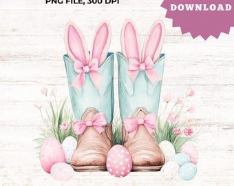 Pastel Cowboy Boots PNG – Easter Floral Bunny Art – Digital Spring Design