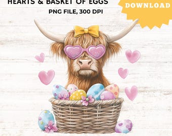 Easter Cow Cutie PNG – Highland Cow with Pink Hearts & Basket of Eggs – Farmhouse Spring Clipart
