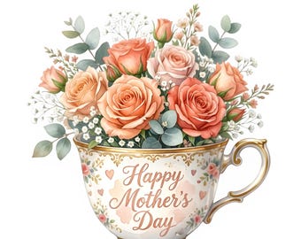 Happy Mother's Day Teacup Floral PNG | Rose Bouquet Clipart | Sublimation Design | Mothers Day Gift | Digital Download