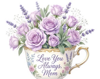 Love You Always Mom Teacup PNG | Lavender Roses Floral Bouquet | Mother's Day Sublimation Design | Digital Download Gift