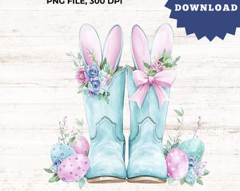 Blue Cowboy Boots PNG – Floral Easter Bunny Clipart – Spring Digital Art Download