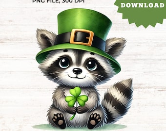 St. Patrick’s Day Clipart – Adorable Raccoon with Clover PNG – Instant Download for Sublimation, Stickers, Scrapbooking