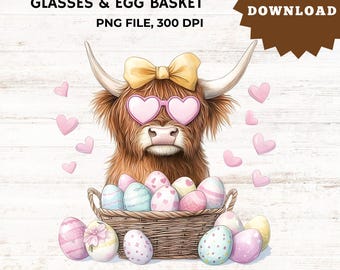 Easter Cow Love PNG – Highland Cow with Heart Glasses & Egg Basket – Cute Farm Digital Clipart