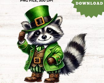 Irish Raccoon PNG – St. Patrick’s Day Digital Download – Festive Animal Clipart for DIY Projects & Merch