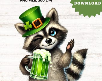 St. Patrick’s Day Clipart – Cute Raccoon Holding Beer PNG – High-Quality 300 DPI for Crafts & Merch