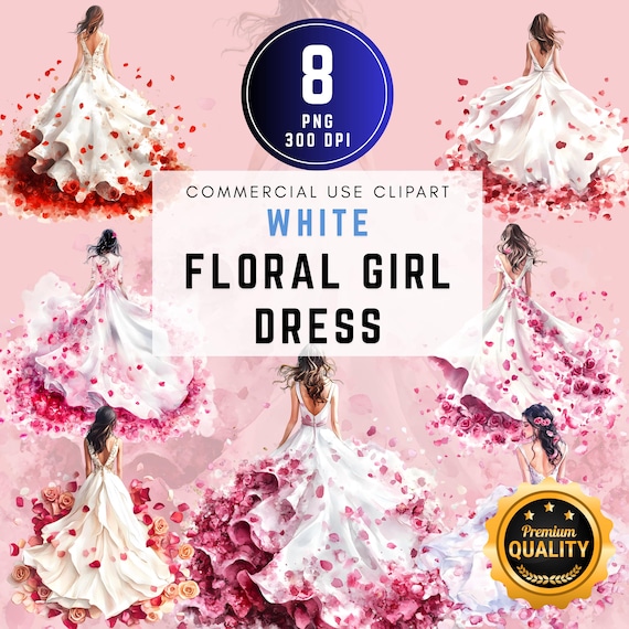 Floral Gown Clipart: Watercolor Fashion Girl PNG, Rose Dress Art