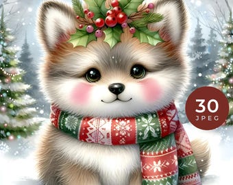Clipart de animales navideños, gráficos de bosque en acuarela (30 JPEG)