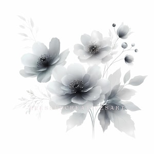 Aquarell hellgraue Blume Clipart, 12 hochwertige JPEGs, Aquarell Blume PNG, Hochzeit Blumenästhetik Junk Journals kommerzielle Nutzung