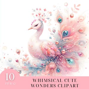 May include: A whimsical digital illustration of a pink and white peacock with a sparkling crown and a spread tail of feathers. The peacock is surrounded by a soft pink and blue background.