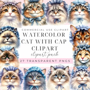 Watercolor Cat Clipart: Funny Kitten with Cap, Nursery Decor (Commercial Use PNG)