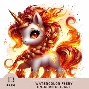 Aquarel vurige eenhoorn clipart, Fantasy Fire Unicorn PNG, brandende rode oranje pony, mystieke vlam Phoenix, junk Journal, commercieel gebruik
