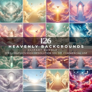May include: A collection of 126 heavenly background clipart images. The images feature stairways, arches, and clouds in various colors, including blue, pink, and gold. The text on the image reads "HEAVENLY BACKGROUNDS" and "JPEG GRAPHICS HIGH RESOLUTION 300 DPI COMMERCIAL USE."