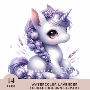 Lavender Floral Unicorn Clipart: Watercolor Fantasy Pony (JPEG Image, Commercial Use)