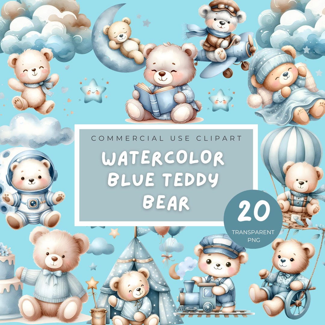 Watercolor Blue Teddy Bear Clipart Bundle: Boho Baby Shower PNG ...