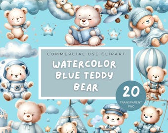 Aquarel blauwe teddybeer clipartbundel: Boho babyshower png (digitale download voor commercieel gebruik)