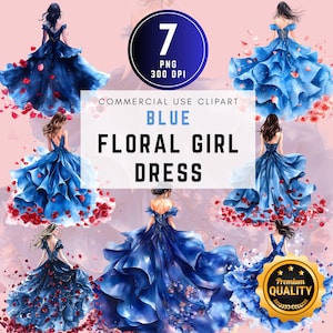 Watercolor Blue Floral Girl Clipart, Fashion Girl PNG, Rose Inspired Gown, Flower Girl Dress, Floral Dress Clip Art, PNGs, Commercial Use