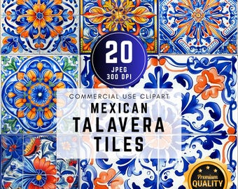 Imágenes prediseñadas de azulejos de Talavera mexicanos en acuarela: diseños florales (descarga digital)