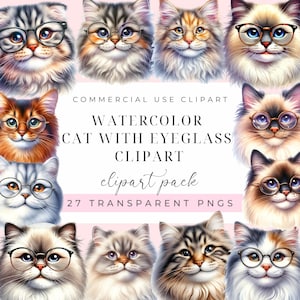 Watercolor Cat Clipart: Funny Eyeglass Kitten, Nursery Decor (PNG, Commercial Use