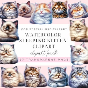 Watercolor Sleeping Cat Clipart: Nursery Decor PNG Bundle (Commercial Use