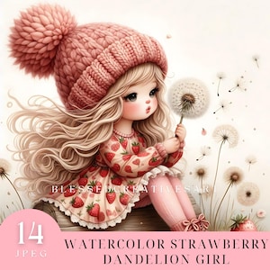 Aquarelle fraise pissenlit fille clipart, PNG floral, impression de fleurs imprimables, créations en papier, images de scrapbooking pour journal indésirable, usage Commercial