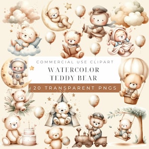 Clipart di orsi Acquerello Carino Orsacchiotto Compleanno Boho Baby Shower Clip art Orsacchiotto Arte murale per cameretta Clipart Pacchetto Uso commerciale Digitale