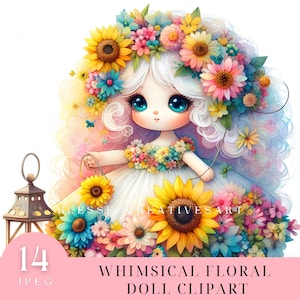 Whimsical Flower Doll 14 High Quality 300 DPI JPEGs Cute Dolls Paper Craft Ephemera Fantasy Junk Journal Scrapbook Images, Commercial Use