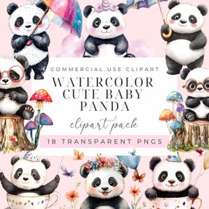 Clipart Watercolor Baby Panda Cute Printable Birthday Watercolor Clip art 18 High Quality PNGs Scrapbook Images Junk Journals Commercial Use
