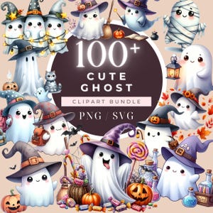 May include: A digital clipart bundle showcasing over 100 adorable ghost illustrations. The ghosts are dressed in diverse outfits, such as witch hats and mummy wraps, with pumpkins, sweets, and autumnal leaves. The text reads "100+ Cute Ghost Clipart Bundle PNG/SVG."