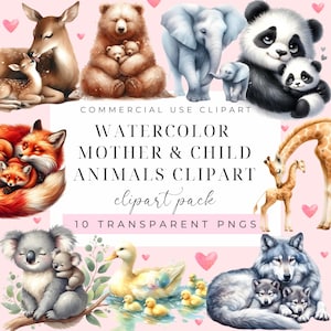 Watercolor Baby Animals Clipart: Mother & Child PNG Bundle (Commercial Use)