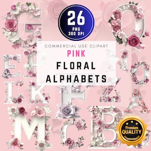 Bloemen 3D-letters clipart set, bloem alfabet clipart, bruiloft eerste decor, kinderkamer muur letters decor, transparante png-bestanden, commercieel gebruik