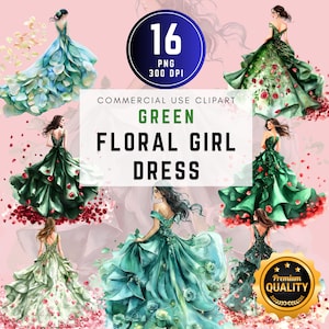 Watercolor Green Floral Girl Clipart, Fashion Girl PNG, Rose Inspired Gown, Flower Girl Dress, Floral Dress Clip Art, Commercial Use
