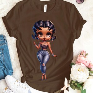 Betty Boop piękna dziewczyna modna prezent Gucci Trendy urodzinowa królowa zła wysokie obcasy niebieski podarte dżinsy słodkie Bella płócienna koszulka shi