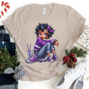 Betty Boop Afroamericano Nero jeans moda bellezza regalo Fidanzata Donne alla moda compleanno cattivo bougie orecchini ad anello BellaCanvas Tee