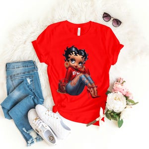 Betty Boop Louis Vuitton LV Rojo regalo de belleza Novia moda acogedora De moda mujer cumpleaños mala Fan de dibujos animados Jeans linda mamá mamá Camiseta