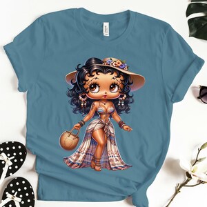 Betty Boop impreza dyskoteka moda lat 70. prezent dla dziewczyny Gucci Trendy urodziny baddie wysokie obcasy niebieski podarte dżinsy słodkie Bella Canvas koszulka
