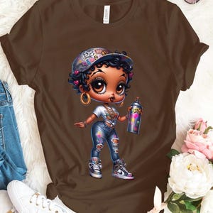 Betty Boop impreza dyskoteka moda lat 70. prezent dla dziewczyny Gucci Trendy urodziny baddie wysokie obcasy niebieski podarte dżinsy słodkie Bella Canvas koszulka