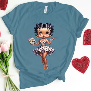 Betty Boop sukienka z lat 70. z kropkami moda prezent dla dziewczyny Gucci Trendy urodziny baddie wysokie obcasy niebieski podarty Jean słodka Bella Canvas T-shirt