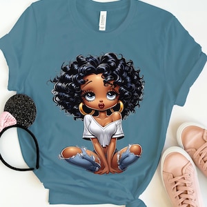 Betty Boop Afroamericano Nero jeans moda bellezza regalo Fidanzata Donne alla moda compleanno cattivo bougie orecchini ad anello BellaCanvas Tee