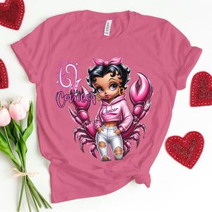 Betty Boop Rosa Zodiaco 69 Cáncer: El Cangrejo Signo de Tierra Novia Regalo moda Moda mujer cumpleaños mala bougie linda mamá mamá Camiseta