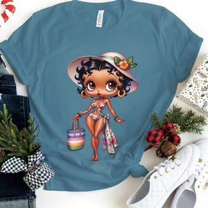 Betty Boop bikini pływanie plaża moda prezent dla dziewczyny Gucci Trendy urodziny baddie wysokie obcasy niebieski podarte Jean słodkie Bella Canvas koszulka
