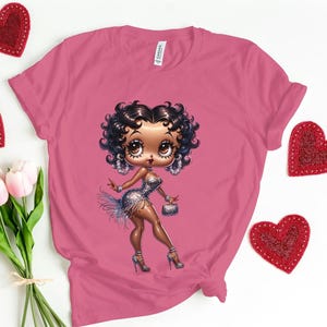 Betty Boop piękna dziewczyna modna prezent Gucci Trendy urodzinowa królowa zła wysokie obcasy niebieski podarte dżinsy słodkie Bella płócienna koszulka shi