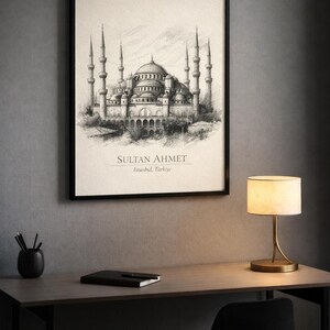 Sultan Ahmet Mosque Charcoal Sketch, Istanbul Blue Mosque Wall Art (Digital Download)