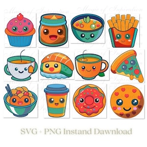 SVG Kawaii Food Clipart Bundle, Cute Cartoon Food Stickers, PNG Digital Download, Printable Cafe Illustrations, Commercial Use