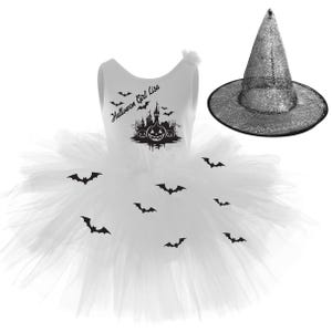 Witch halloween girls black costume, witch hat dress, kids&#39; halloween tutu and pretty witch costumes, toddler white dress up, bat skirt
